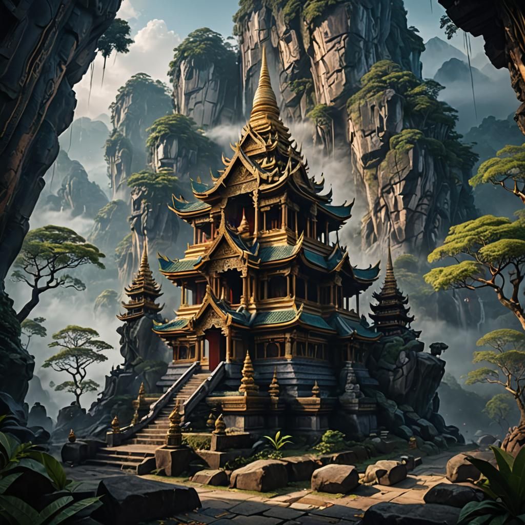 Thai Shrine in Misty Mountains: Fantasy Concept Art
