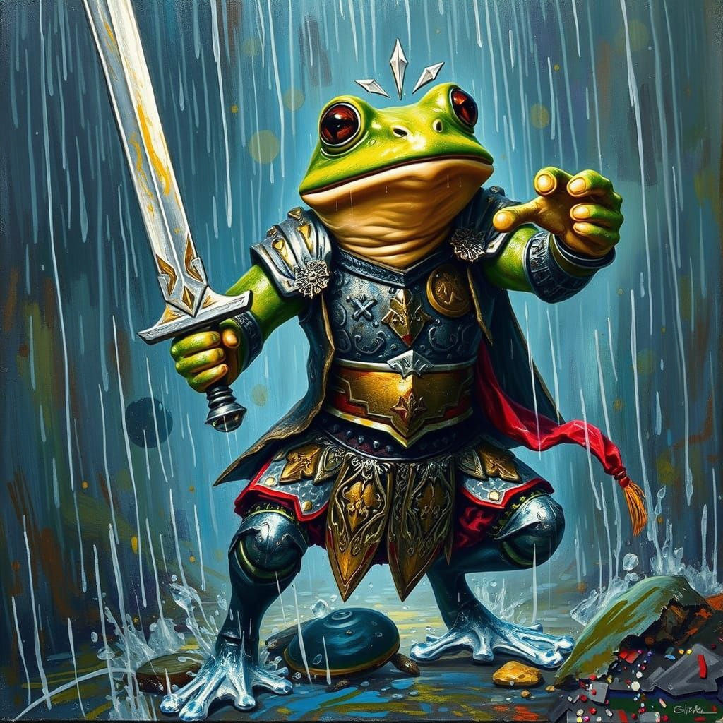 Frog Warrior in the Rain, an Impasto Oil Painting