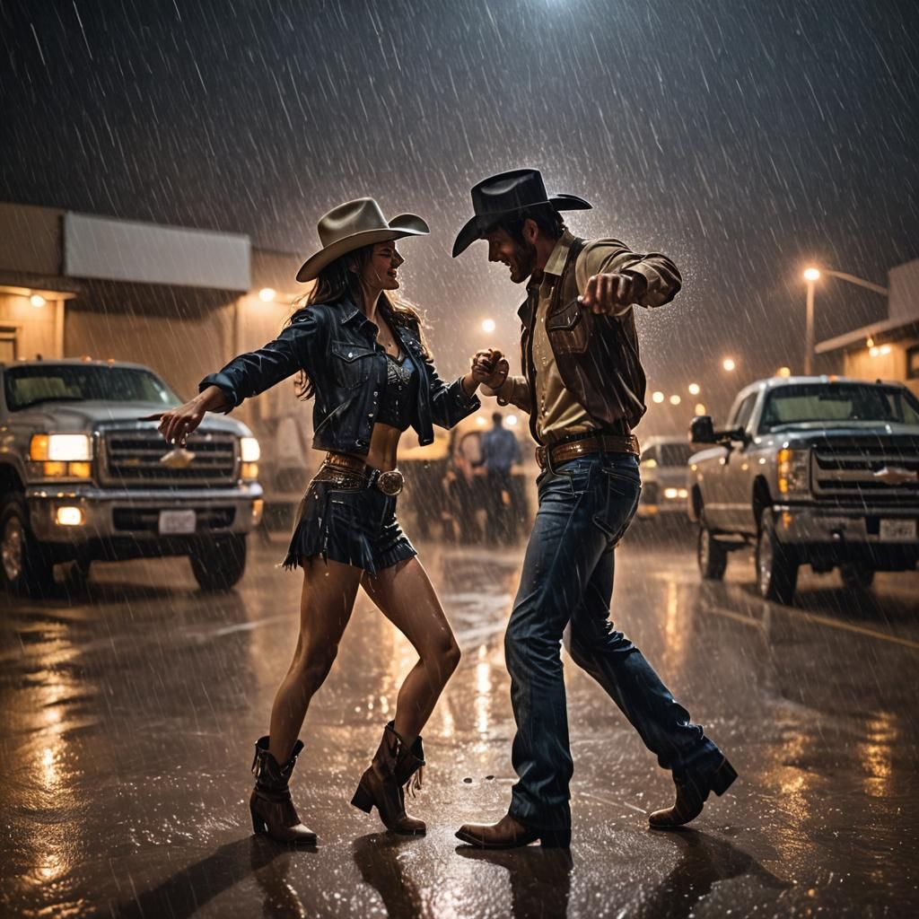 Cowboy and Cowgirl Dancing in the Rain at Night