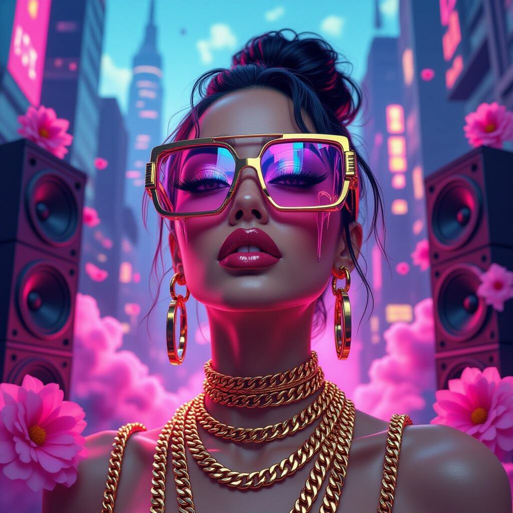 Melting Gold: Hyperrealistic 3D Woman in Neon City