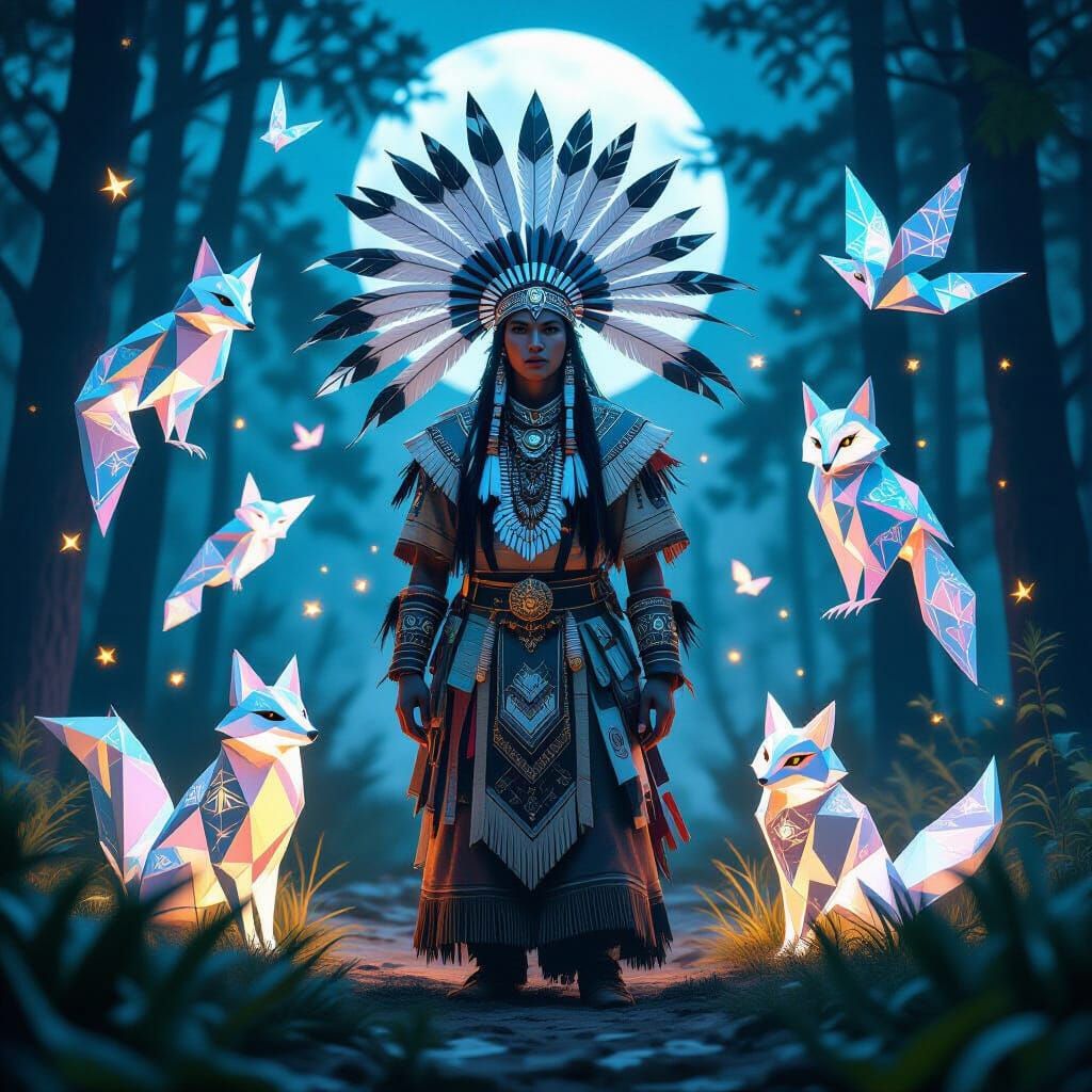 Origami Shaman Surrounded by Spirit Animals