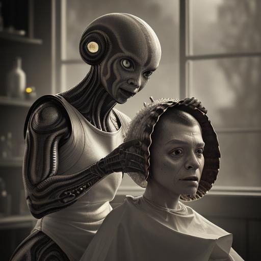 Hyperrealistic Alien Snail Shell Barber in Cinematic Mood