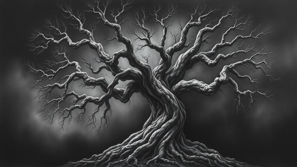Mystical Ancient Tree: Hyperdetailed Charcoal Drawing