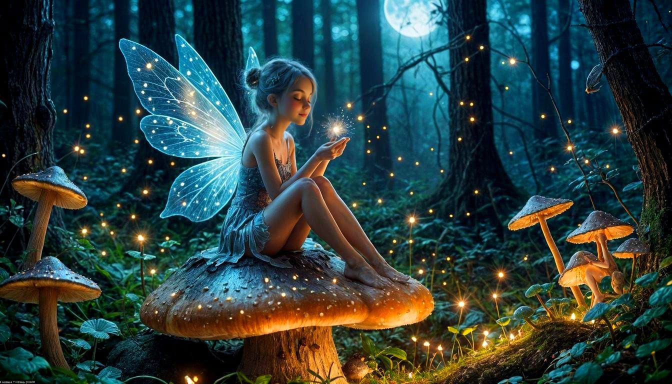 Cute Fairy on Mushroom in Moonlit Forest Airbrush Art
