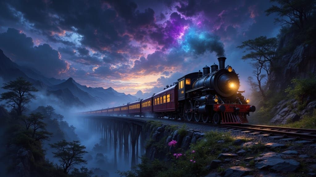 Night Train Under Mysterious Fantastical Sky