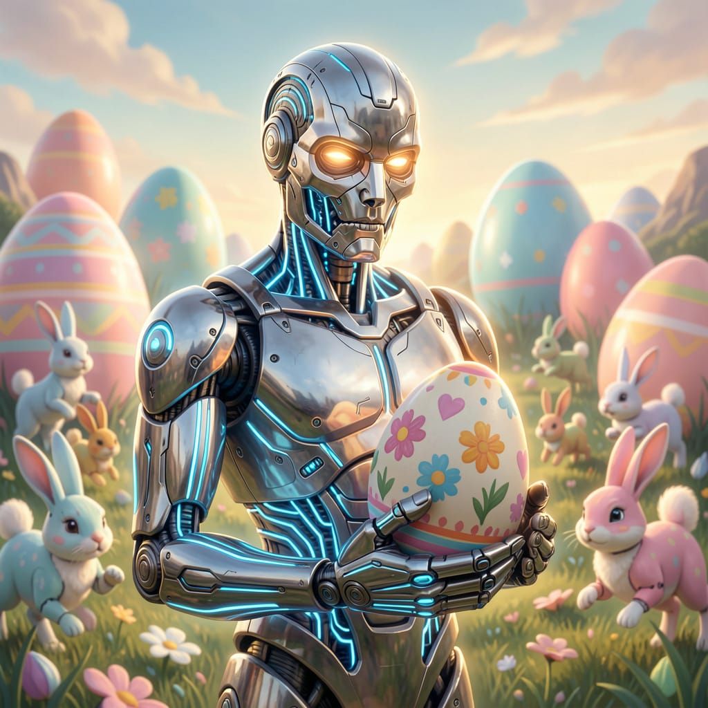 Futuristic Cyborg Holds Glowing Easter Egg in Digital Painti...