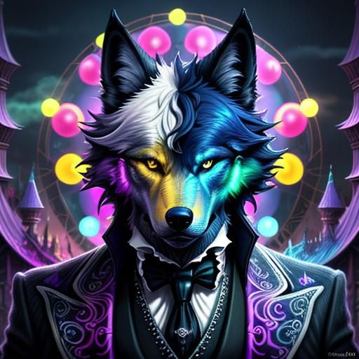Wolf Gentleman in Neon City, Graffiti Art Style