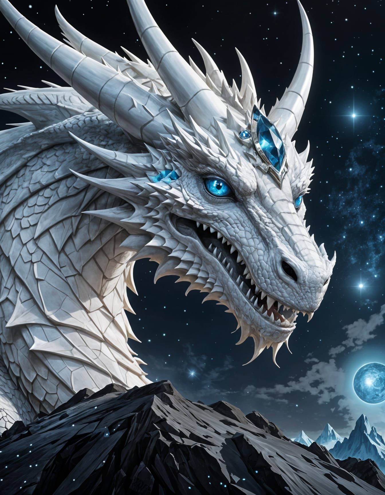 White Dragon on the Moon with Diamond