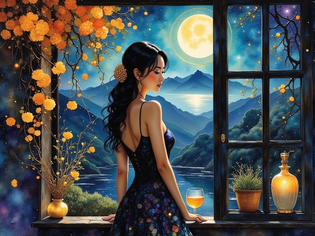 Korean Woman Silhouetted at Moonlit Window