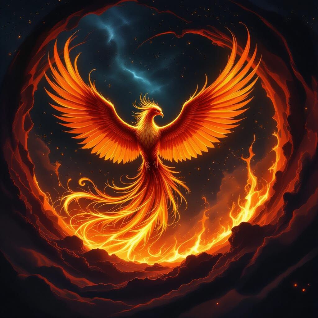 Majestic Phoenix Rises from Fiery Vortex in Cosmic Fantasy A...