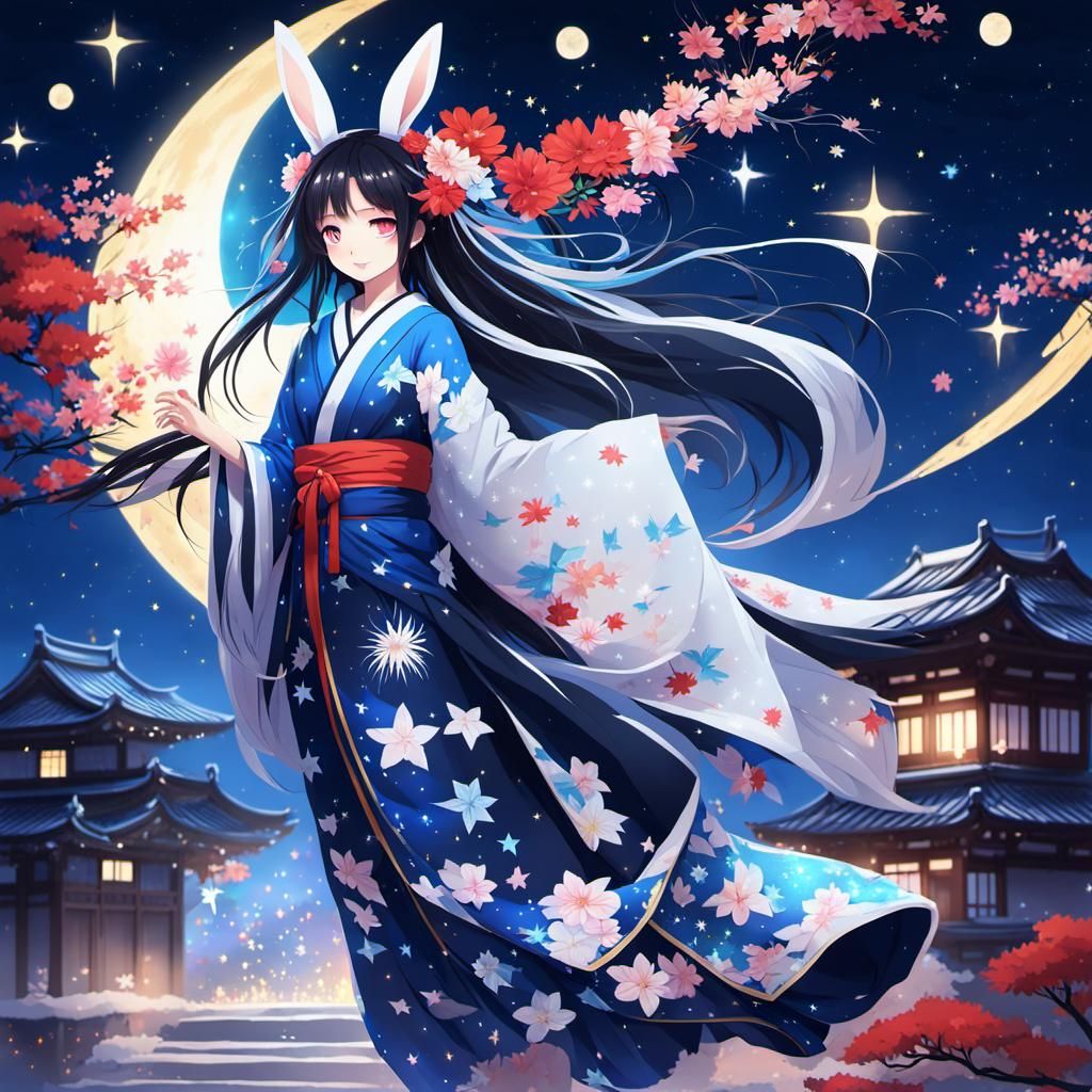 Cute Japanese Woman in Kimono Under Starry Sky