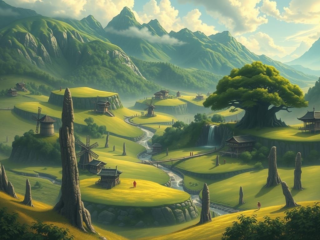 Fantasy Landscape with Asian Villages: Anime Illustration