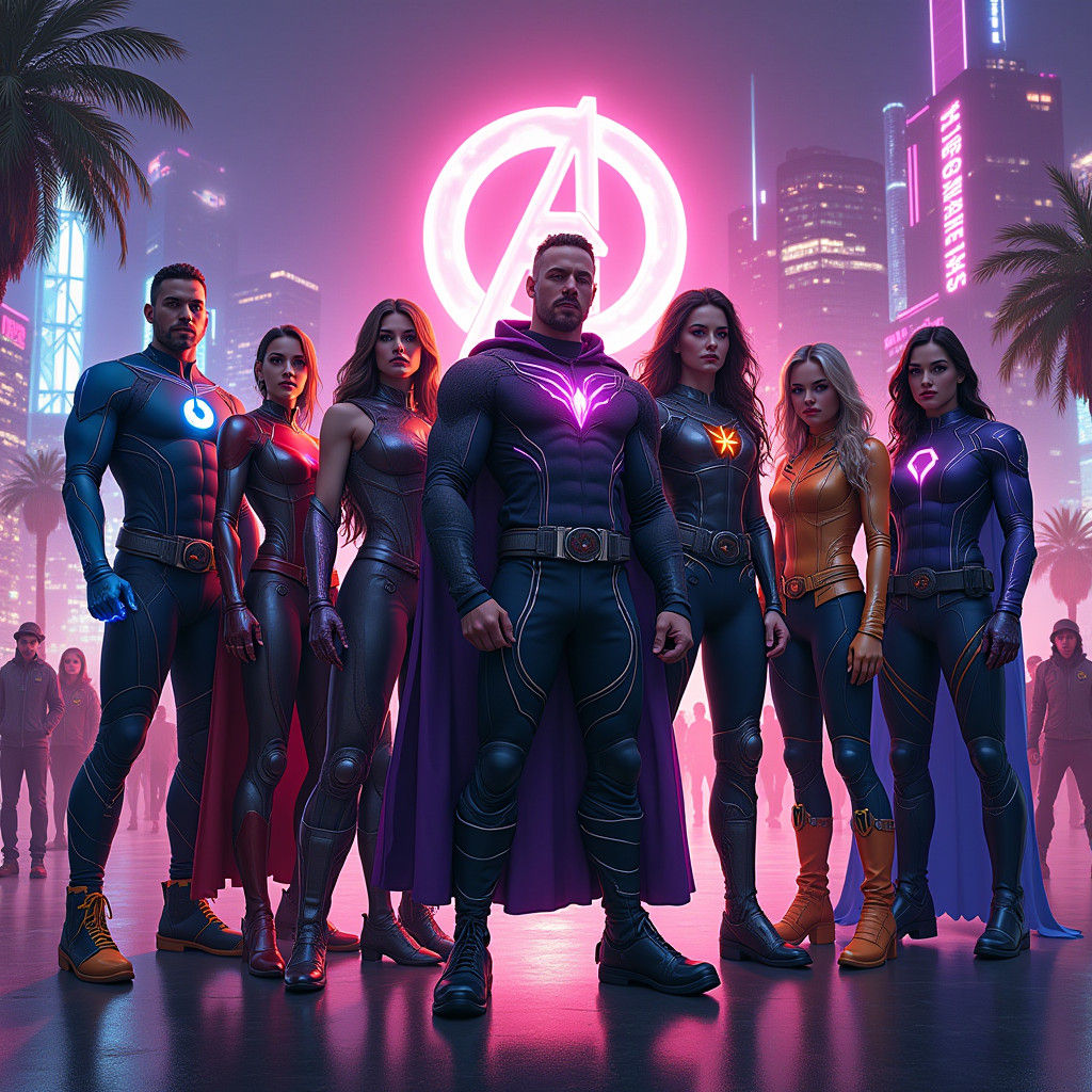 Infinity Stones Rave in Neon Cityscape, Comic Book Art