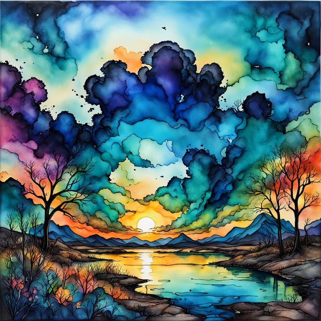 Alcohol Ink Painting of a Sunset