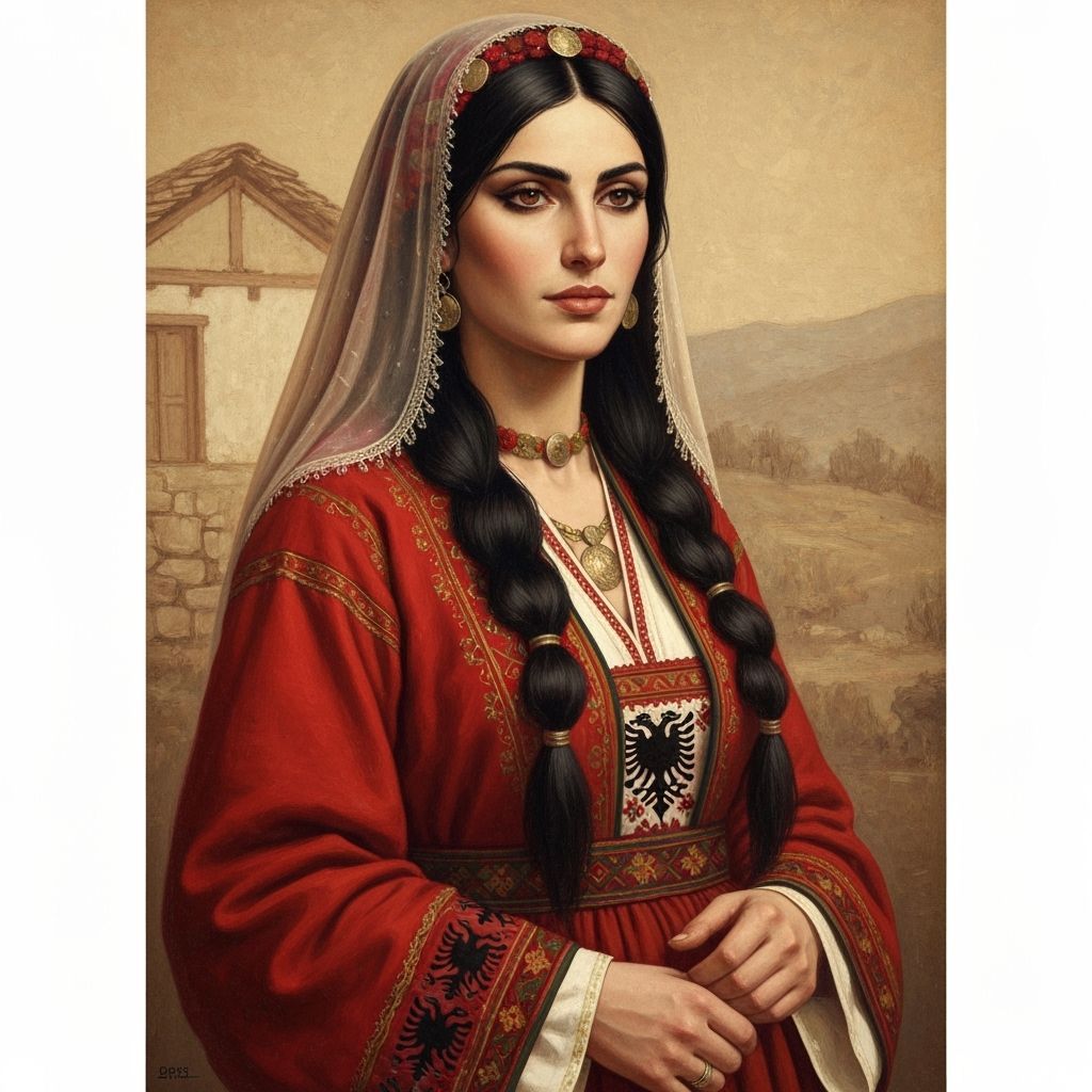 Albanian Woman with Red Kapica in Traditional Style