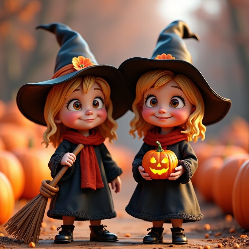 Twin Witches in Haunted Pumpkin Patch: 3D Digital Art