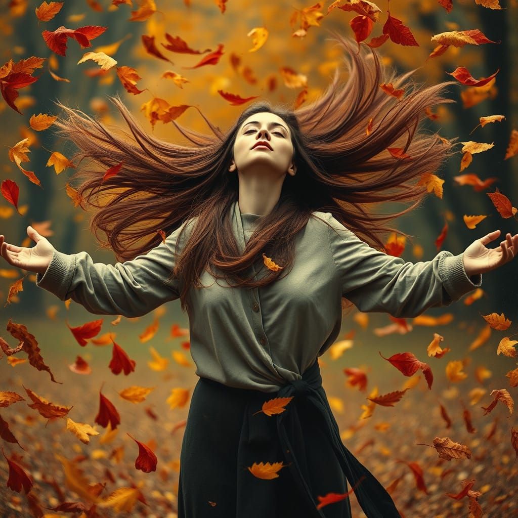 Serene Woman Embracing Autumn Whirlwind in Dreamy Landscape