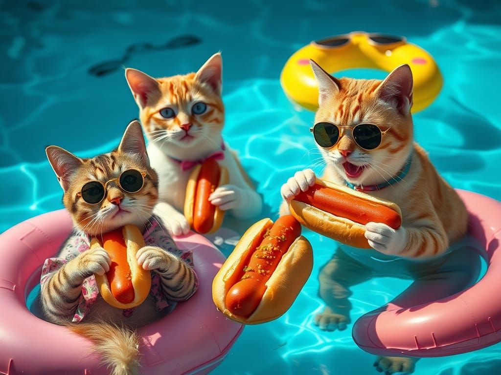 Cats Enjoying Summer Feast in Photorealistic Style