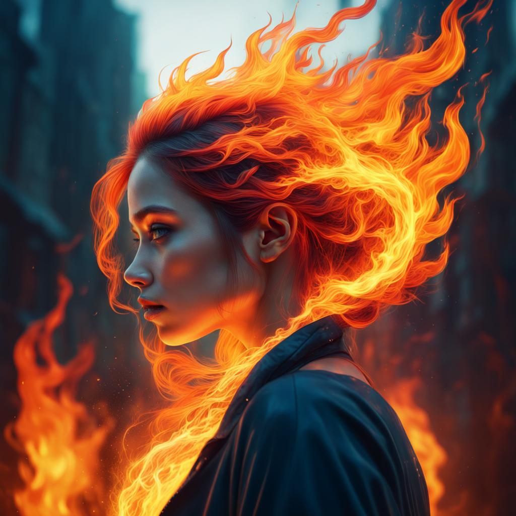 double exposure art, girl her hair flames of fire, abstract