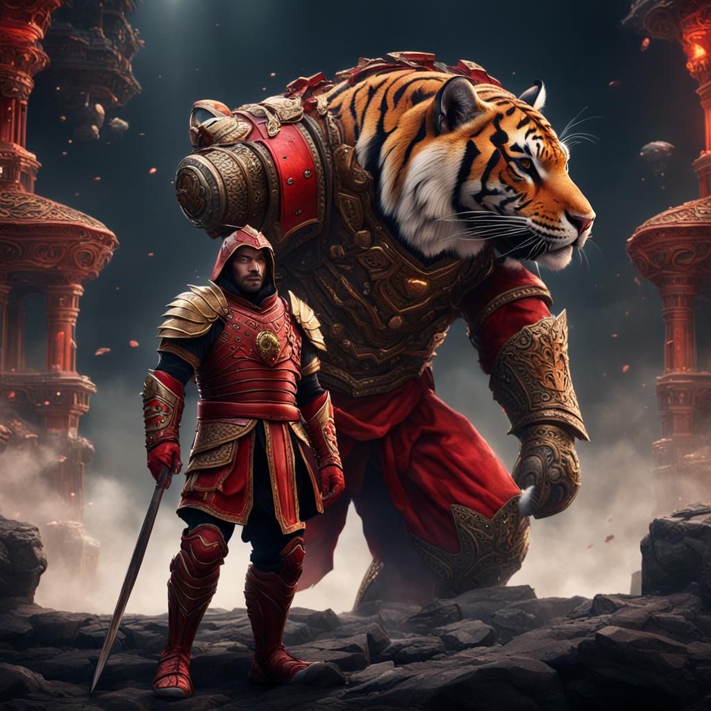 Man in Red Armor with Pet Tiger