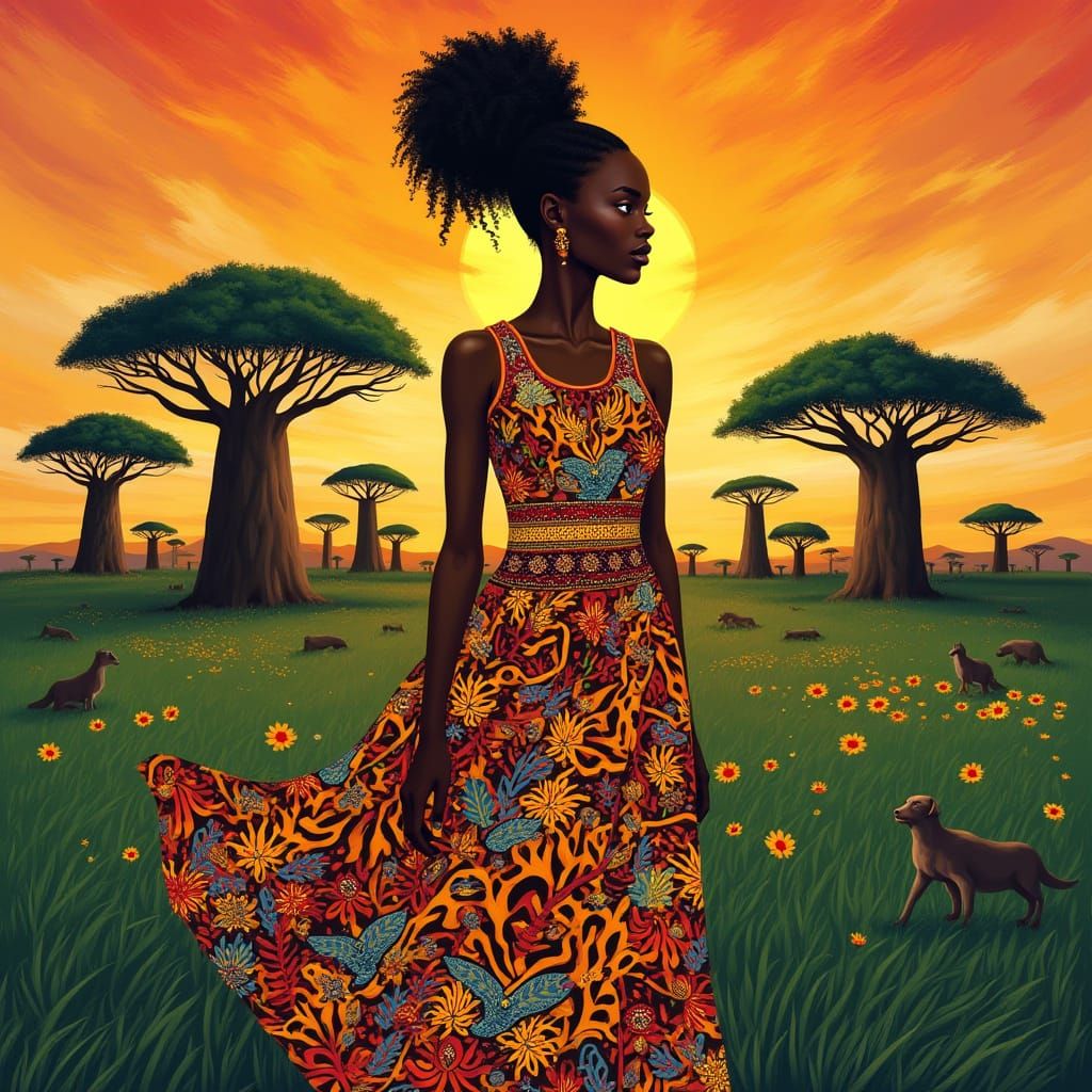 Vibrant African Village Scene with a Central Figure