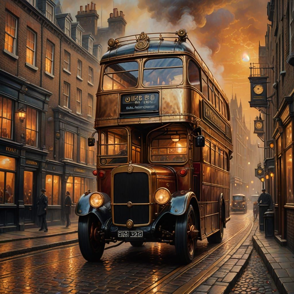 Steampunk London Double Decker Bus in Warm Sunset Light