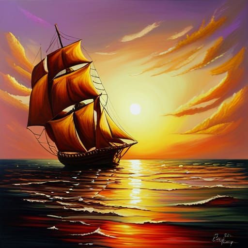 Golden Sunset Sail Ship: Impressionistic Oil Painting