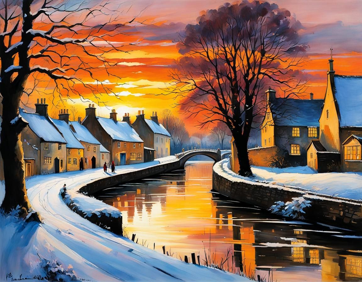Winter Sunset in Cotswolds Village River Scene