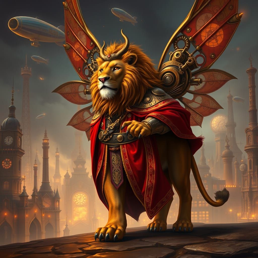 Steampunk Lion in Medieval Robes with Fairy Wings
