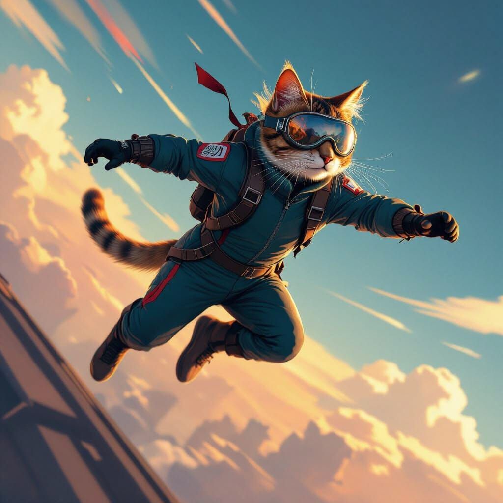 Skydiving Cat Soaring Through the Air