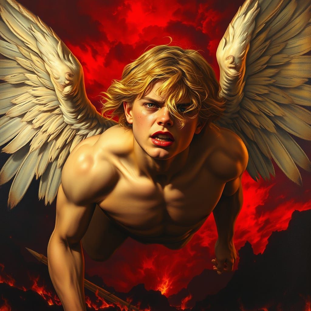 Fallen Angel Descends Through Stormy Sky in Baroque Style