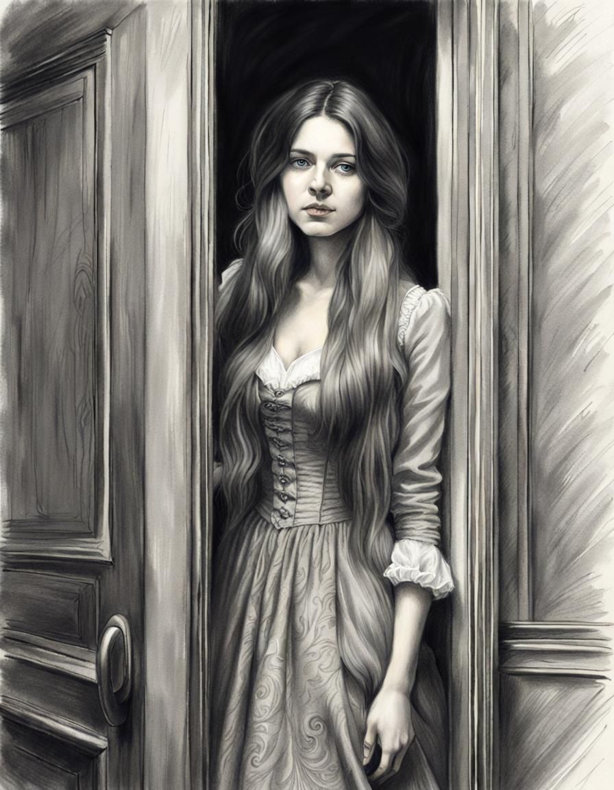 Victorian Woman in Charcoal Drawing, Half-Body Portrait