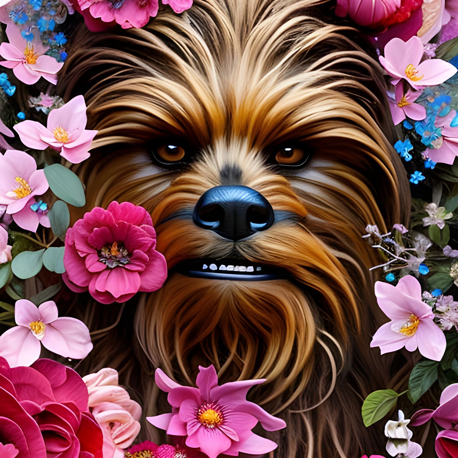 Chewbacca Surrounded by Hearts and Flowers in Rococo Style