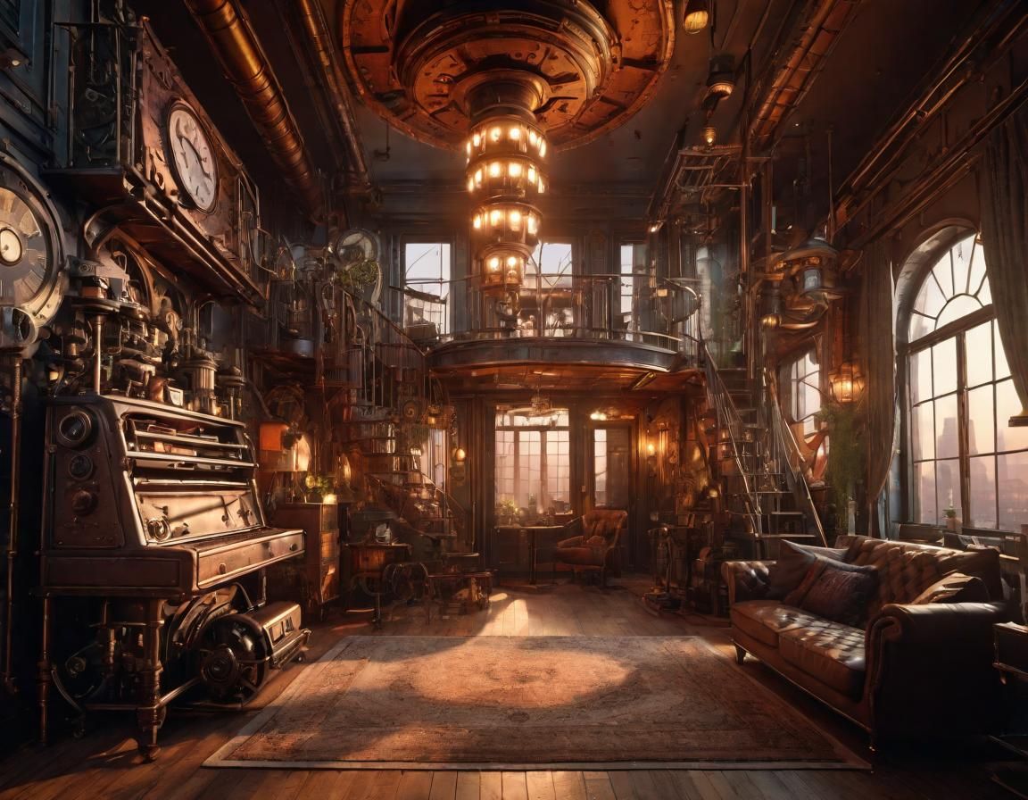 Steampunk Garret Apartment Interior at Magic Hour