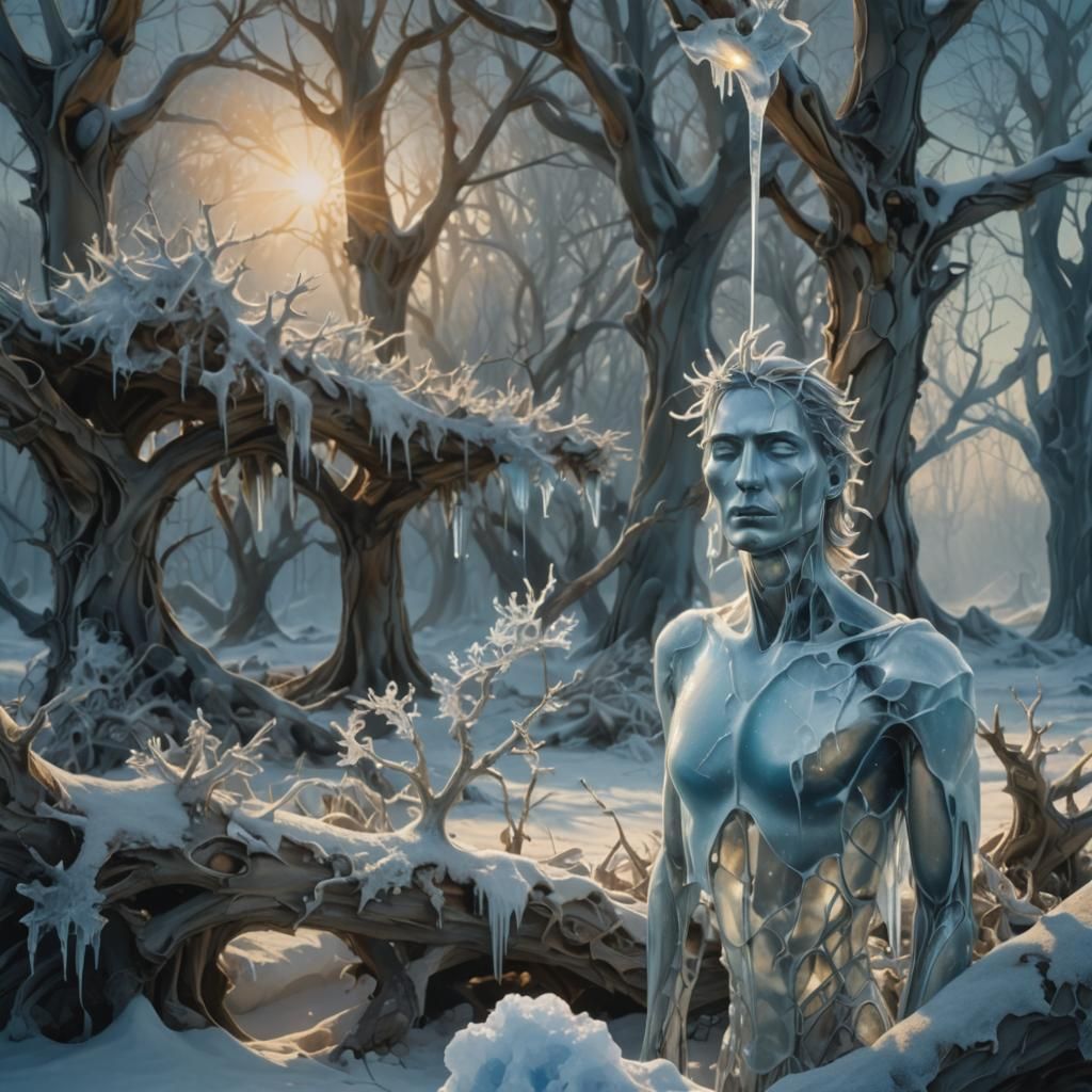 Frozen Figure in Snowy Wasteland: Surrealist Oil Painting