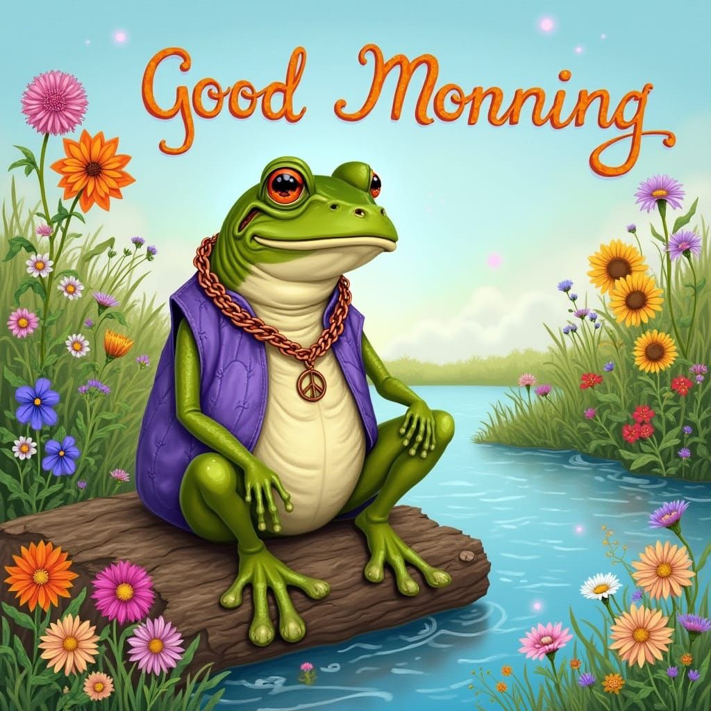 Whimsical Bullfrog in Floral Landscape, Vintage Illustration