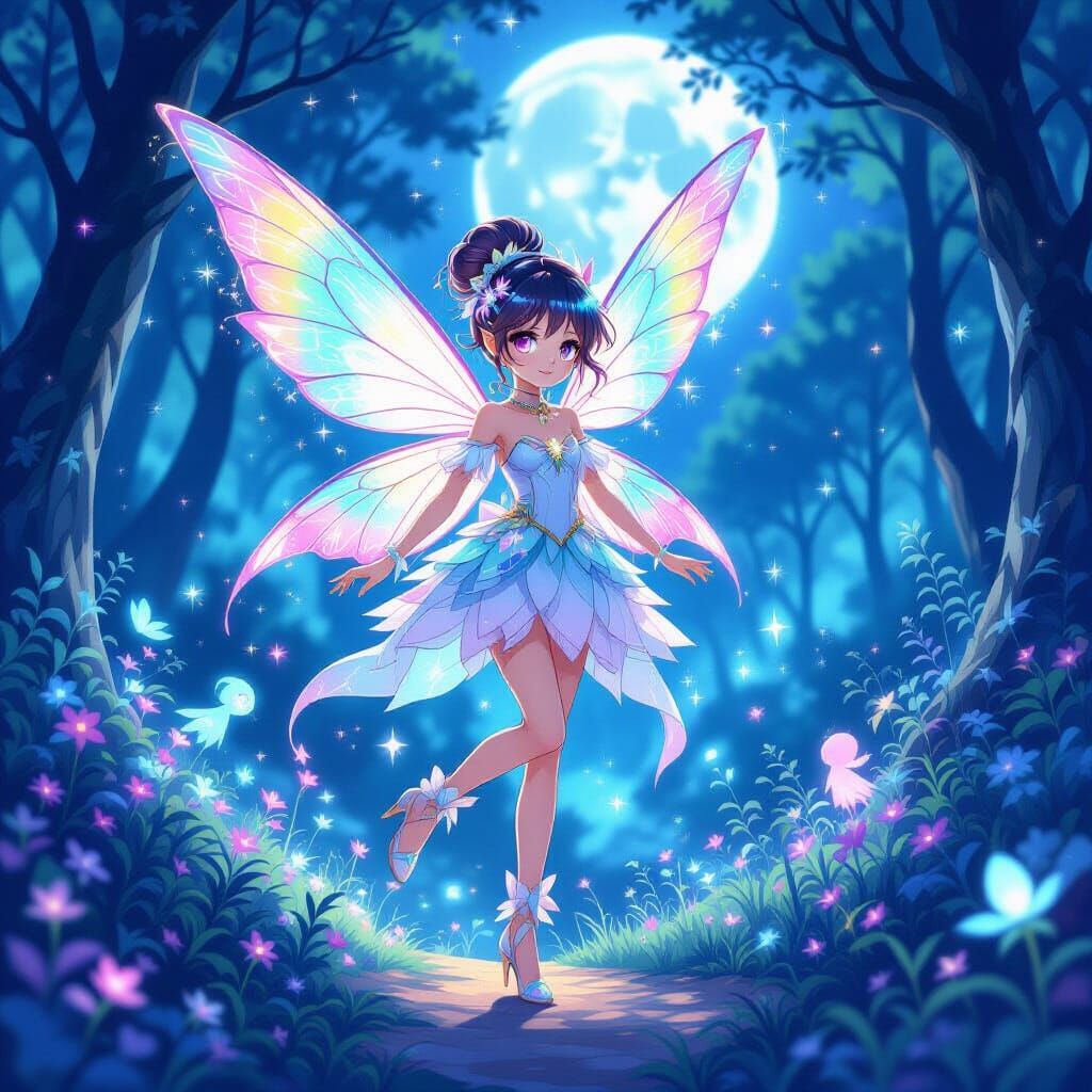 Whimsical Fairy Girl in Magical Forest, Anime Style