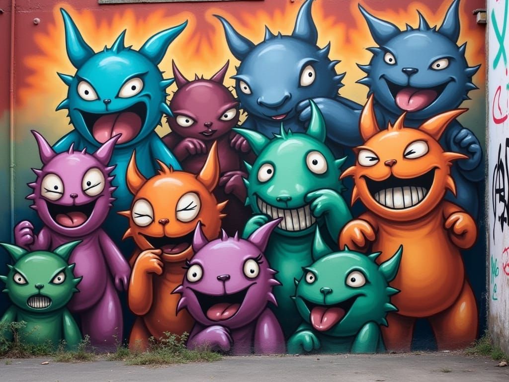 Graffiti Mural of Goons in Pastel Colors