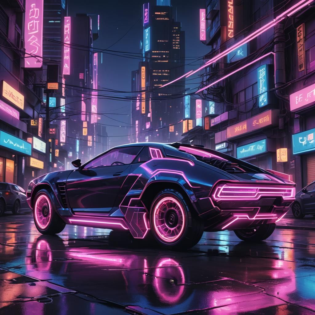Cyberpunk Hovering Car in Neon Cityscape