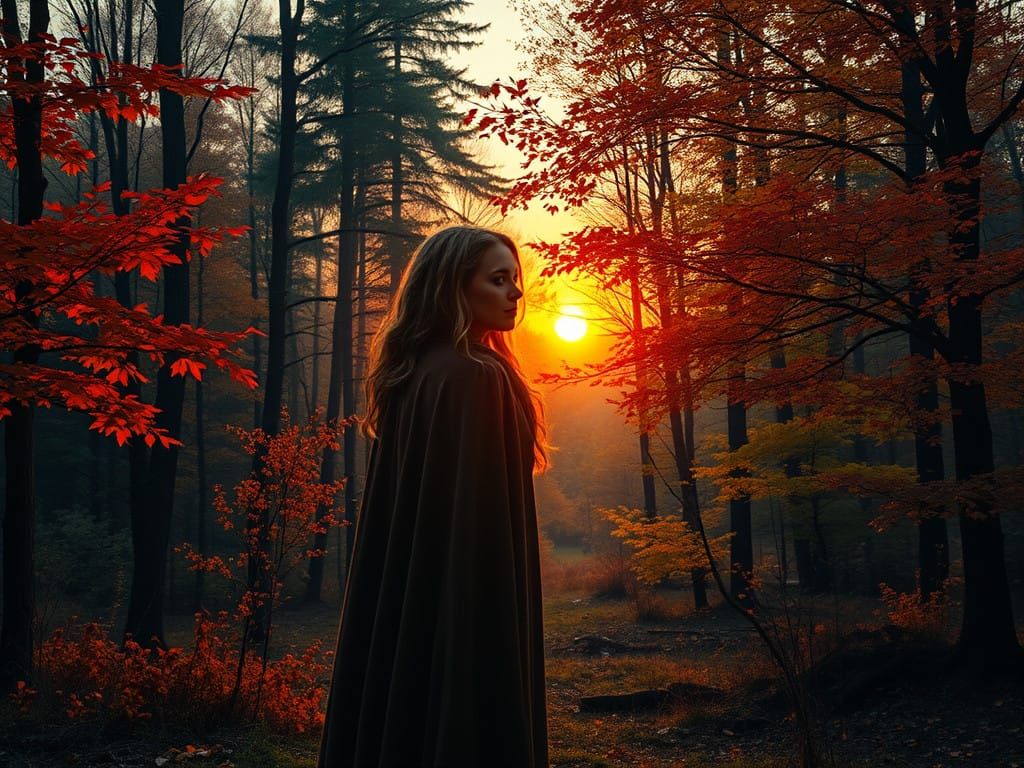 Serene Forest Maiden at Equinox Sunset