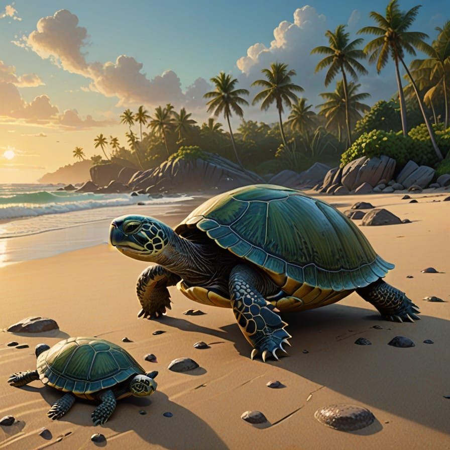 Golden Sunrise Sea Turtle Discovery in a Fantastical World