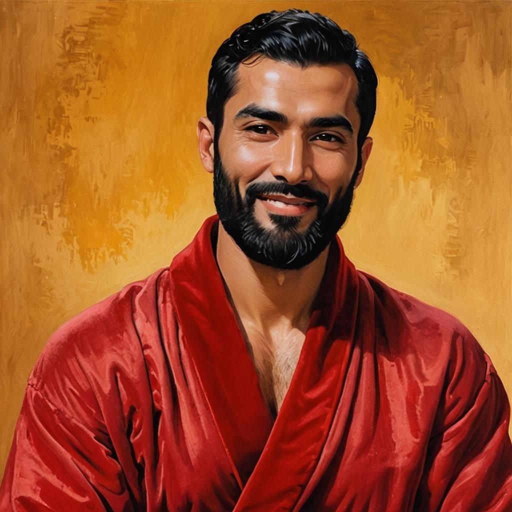 Smiling Bearded Man in Red Robe: Expressionist Impasto Portr...