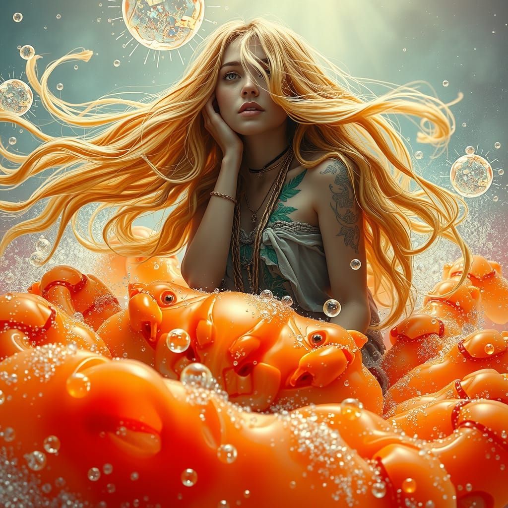 Woman on Gummy Crab in Dreamlike Sea, Digital Art