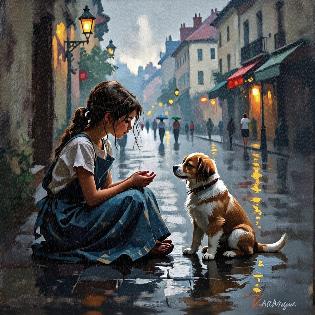 Girl and Doll in Rainy Street Scene