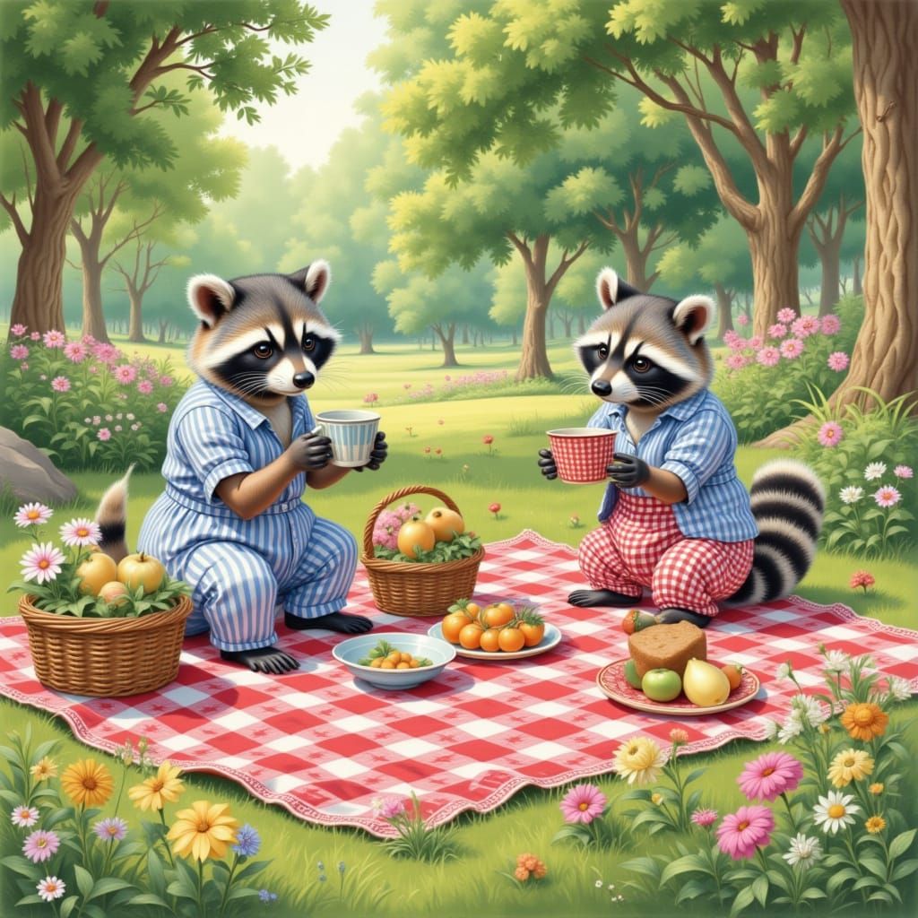 Raccoons Picnic in Park, Beatrix Potter Style