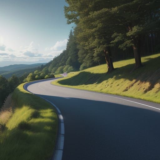 Surreal Landscape Road Unfolds through Majestic Rolling Hill...