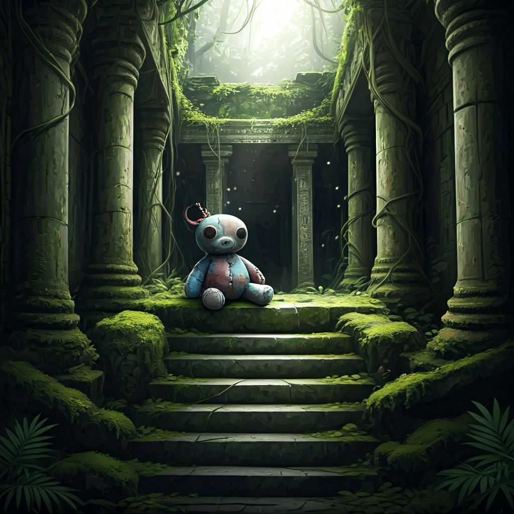 Abandoned Plush Toy on Ancient Altar in Overgrown Temple