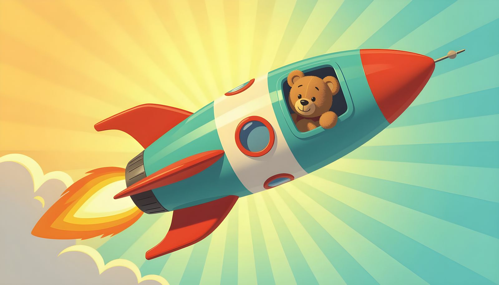 Teddy Bear Astronaut in Rocket Ship, Children's Crayon Style