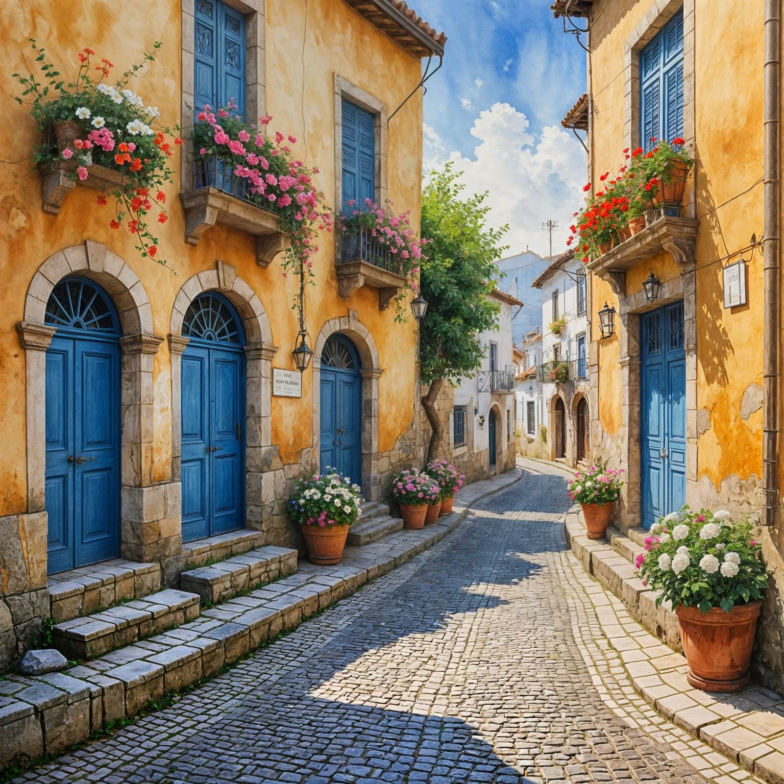 Portuguese Cobblestone Street in Watercolor with Vibrant Flo...