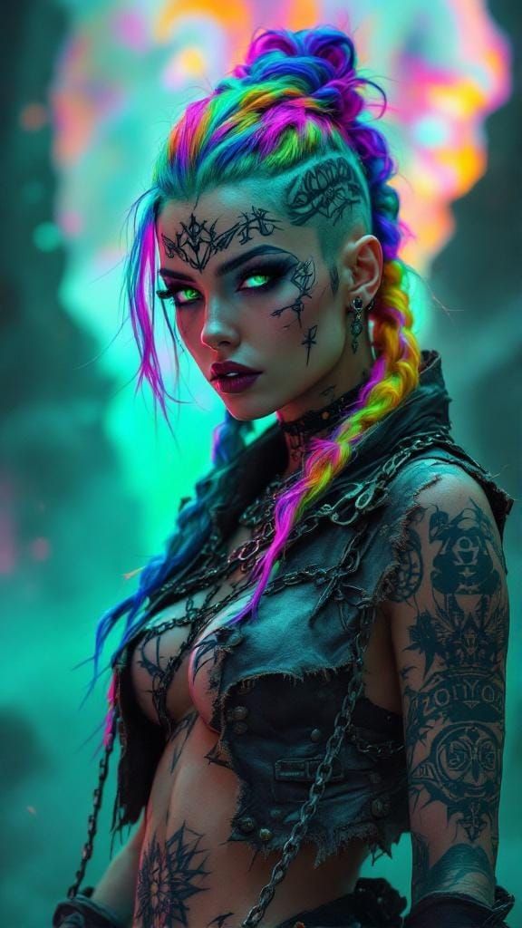 Warrior with Rainbow Braids in Tribalpunk Style